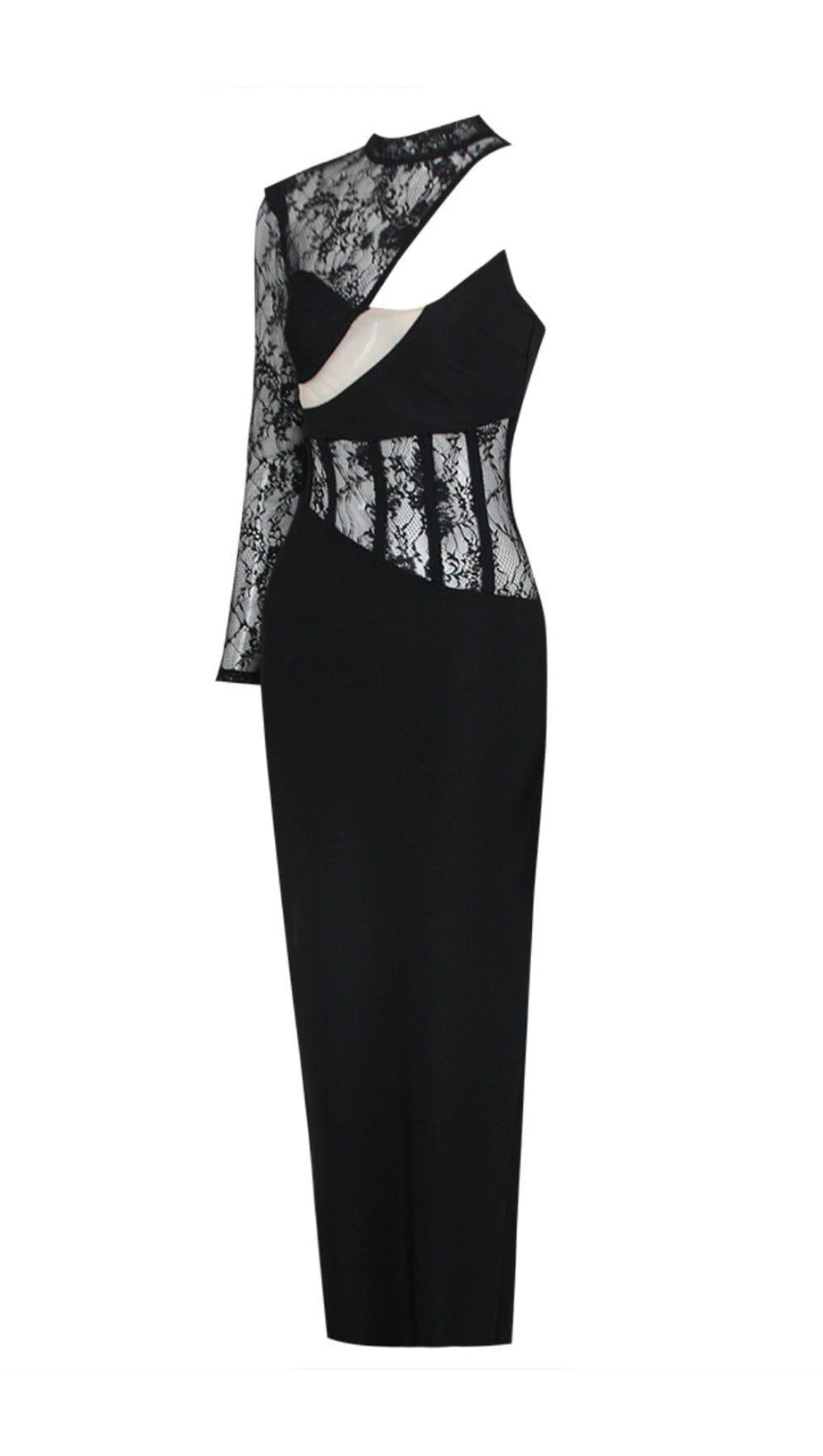 MIDIKLEID AUS SPITZE MIT EINER SCHULTER IN SCHWARZ