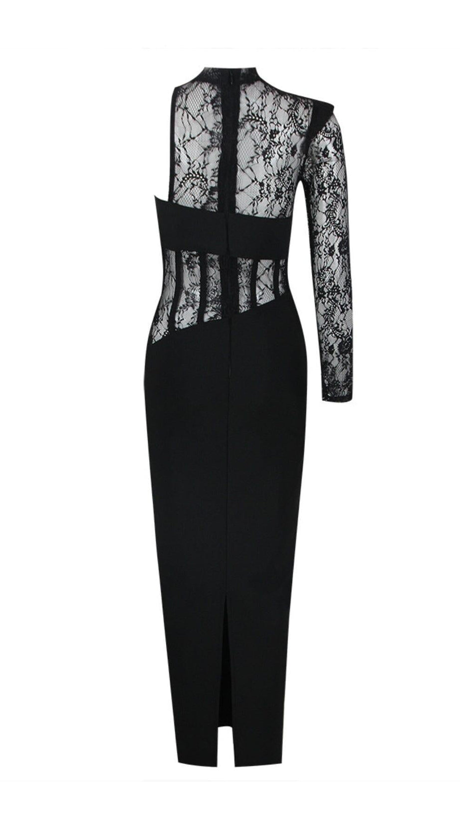 MIDIKLEID AUS SPITZE MIT EINER SCHULTER IN SCHWARZ