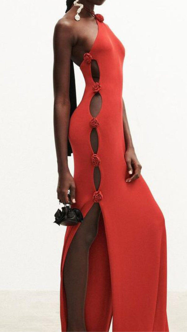 AIIZIE RED HOLLOW SHOULDER FLOWER KNOT DRESS - product image