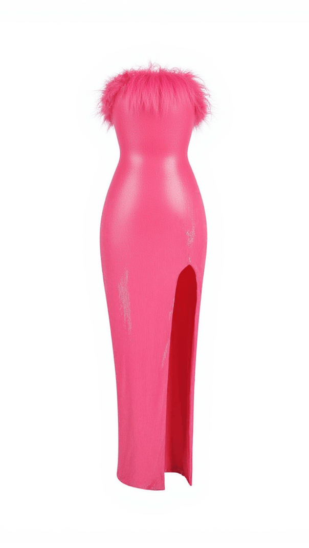 AIIZIE MARIN STRAPLESS FEATHER SEQUIN MAXI DRESS IN HOT PINK - product image