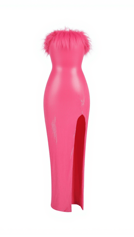 ABITO LUNGO MARIN SENZA SPALLINE CON PIUME E PAILLETTES ROSA SCURO