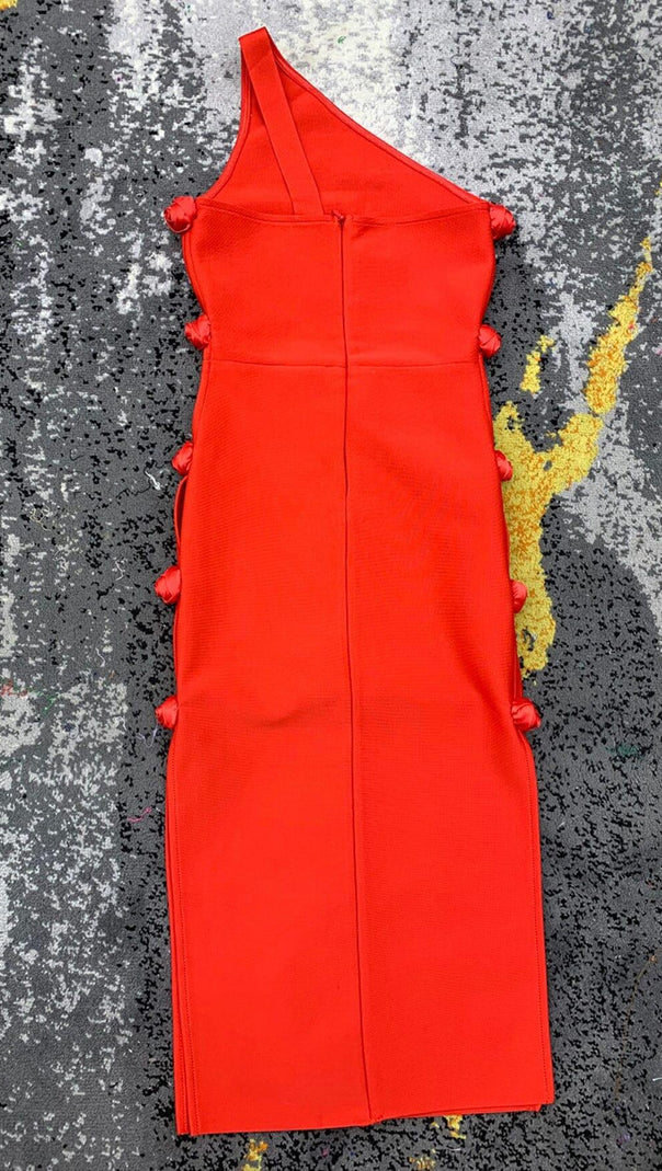 AIIZIE RED HOLLOW SHOULDER FLOWER KNOT DRESS - product image