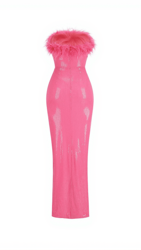 ABITO LUNGO MARIN SENZA SPALLINE CON PIUME E PAILLETTES ROSA SCURO