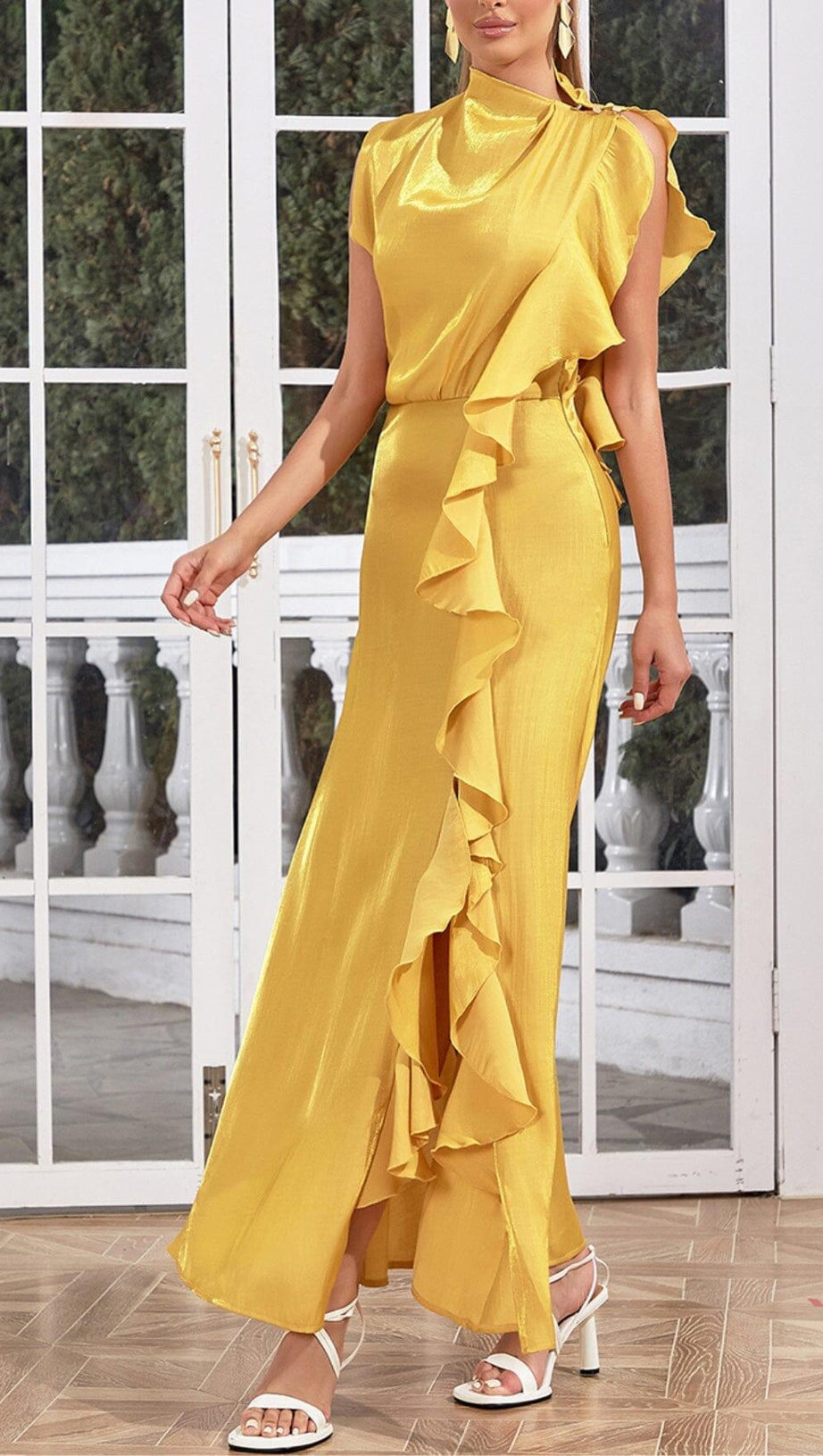 YELLOW MOCK NECK RUFFLE TRIM DRAPED DETAIL SATIN DRESS