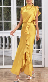 YELLOW MOCK NECK RUFFLE TRIM DRAPED DETAIL SATIN DRESS