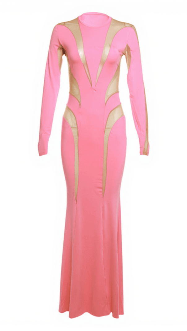 AIIZIE ISMAY LONG SLEEVE MESH BODYCON MAXI DRESS IN PINK - product image