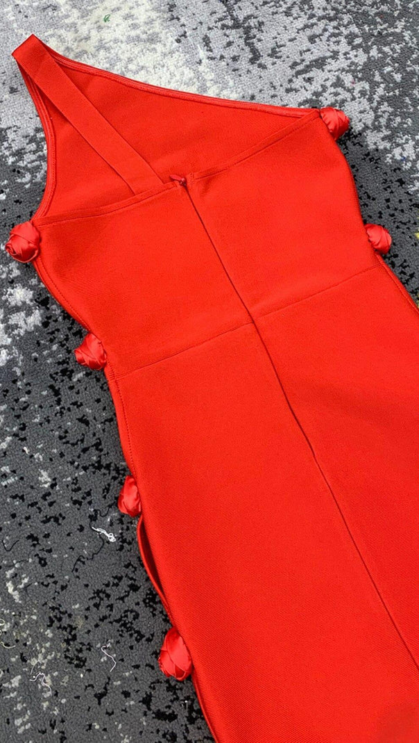 AIIZIE RED HOLLOW SHOULDER FLOWER KNOT DRESS - product image