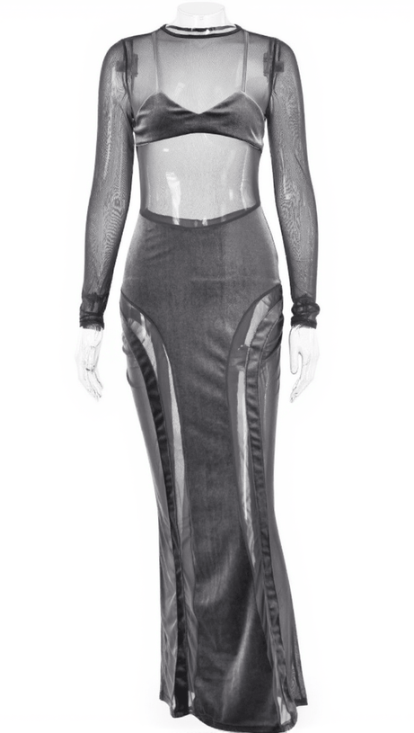 DANA LONG SLEEVE PATCHWORK MESH DRESS