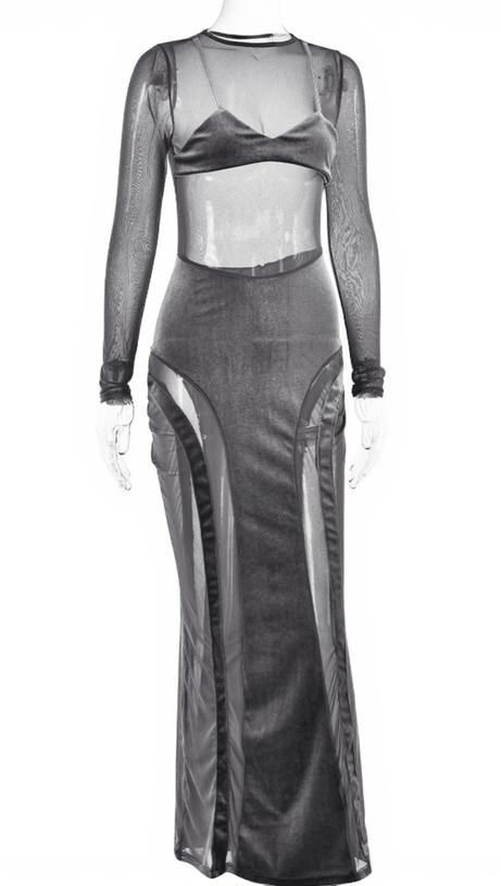 DANA LONG SLEEVE PATCHWORK MESH DRESS