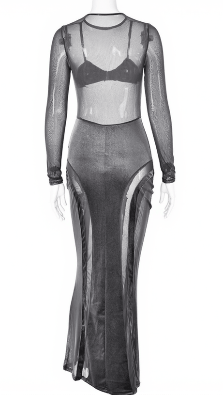 DANA LONG SLEEVE PATCHWORK MESH DRESS