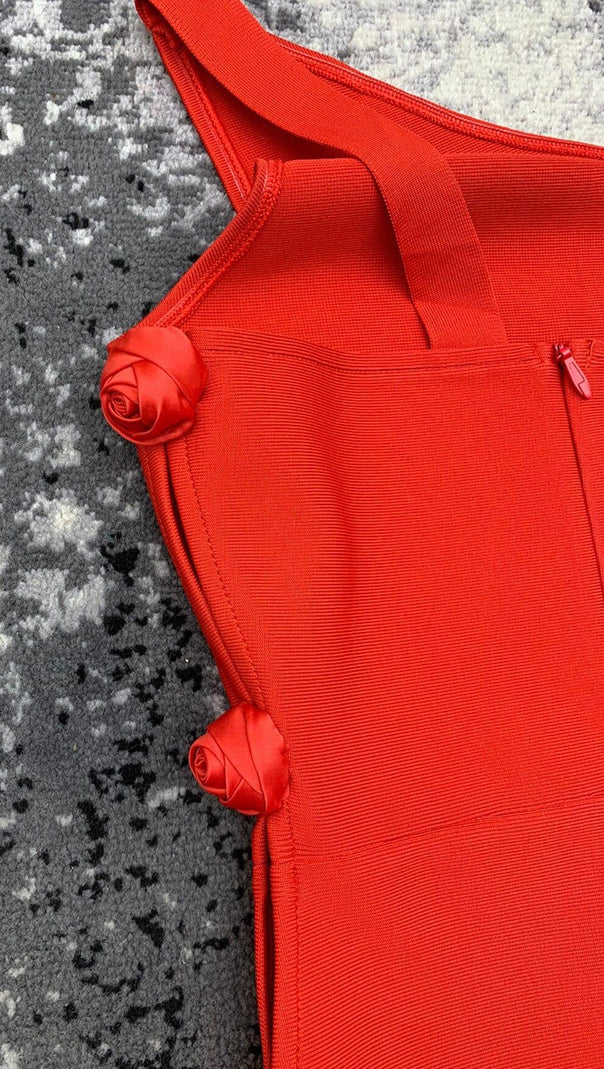 AIIZIE RED HOLLOW SHOULDER FLOWER KNOT DRESS - product image