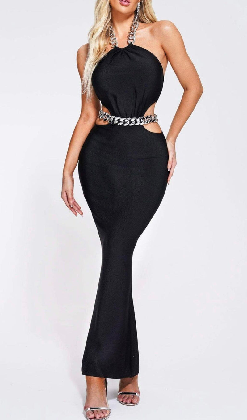 CHAIN CUTOUT MAXI DRESS IN BLACK