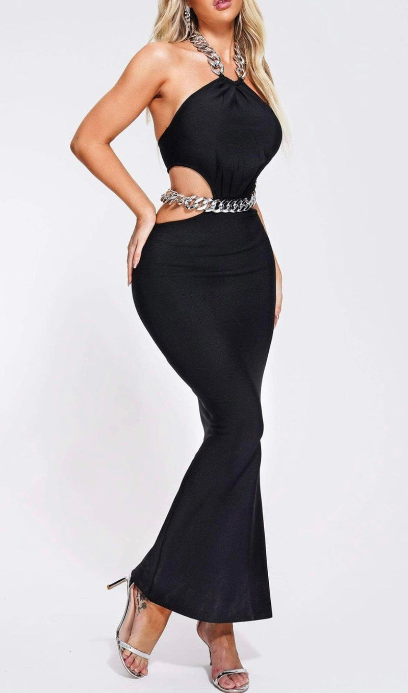 CHAIN CUTOUT MAXI DRESS IN BLACK