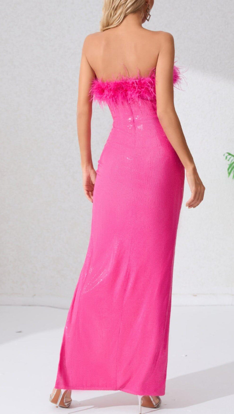 RED FEATHER SEQUIN MAXI DRESS