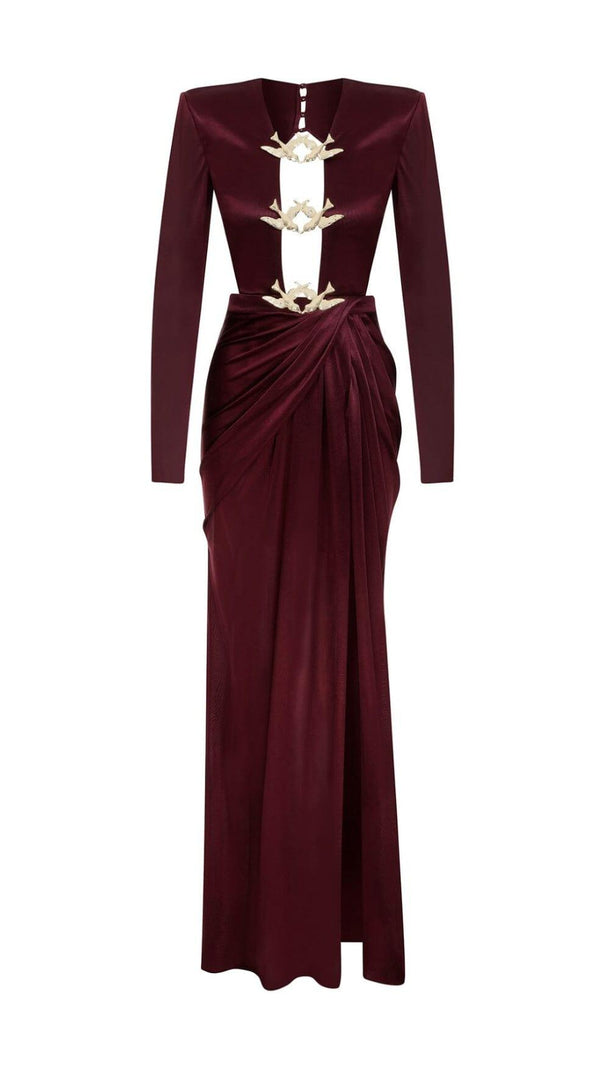 AIIZIE SATIN HOLLOW OUT LONG SLEEVE MAXI DRESS IN RED - product image