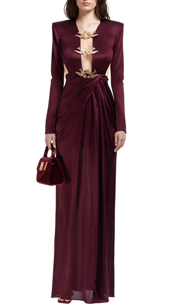 AIIZIE SATIN HOLLOW OUT LONG SLEEVE MAXI DRESS IN RED - product image
