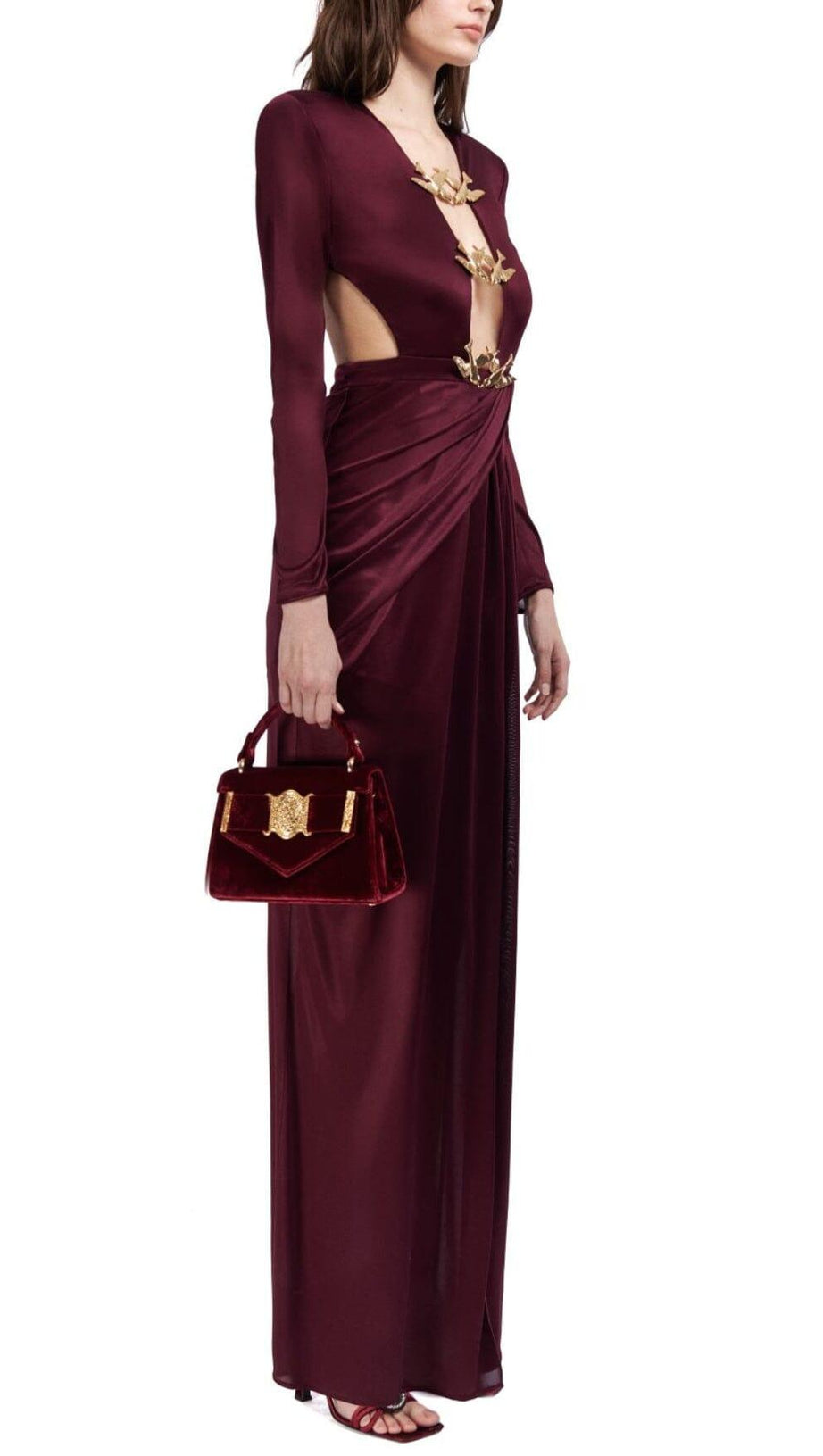 SATIN HOLLOW OUT LONG SLEEVE MAXI DRESS IN RED