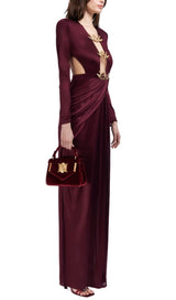 SATIN HOLLOW OUT LONG SLEEVE MAXI DRESS IN RED