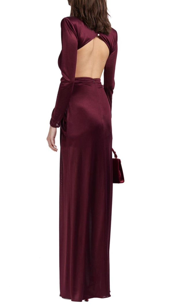 AIIZIE SATIN HOLLOW OUT LONG SLEEVE MAXI DRESS IN RED - product image