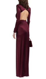 SATIN HOLLOW OUT LONG SLEEVE MAXI DRESS IN RED