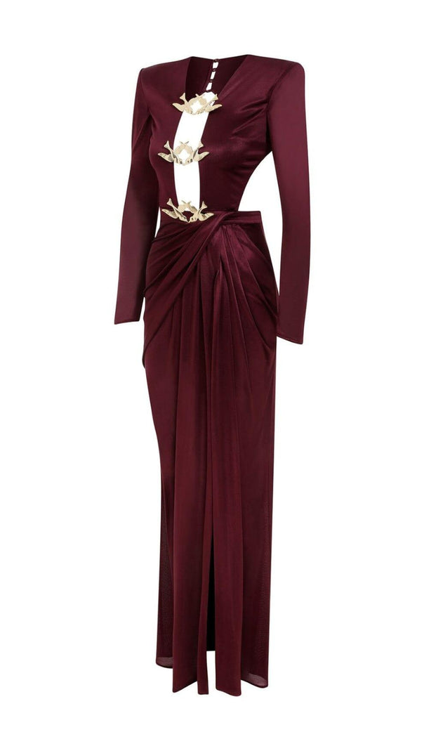 AIIZIE SATIN HOLLOW OUT LONG SLEEVE MAXI DRESS IN RED - product image