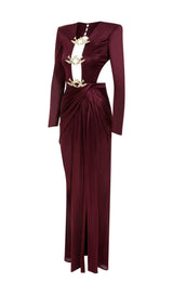 SATIN HOLLOW OUT LONG SLEEVE MAXI DRESS IN RED