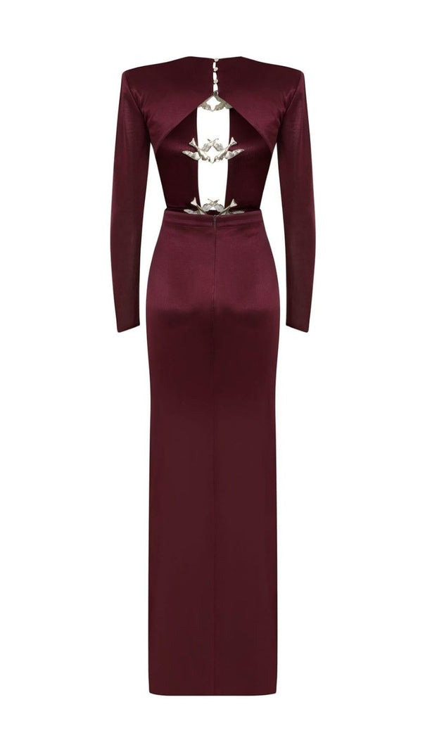AIIZIE SATIN HOLLOW OUT LONG SLEEVE MAXI DRESS IN RED - product image