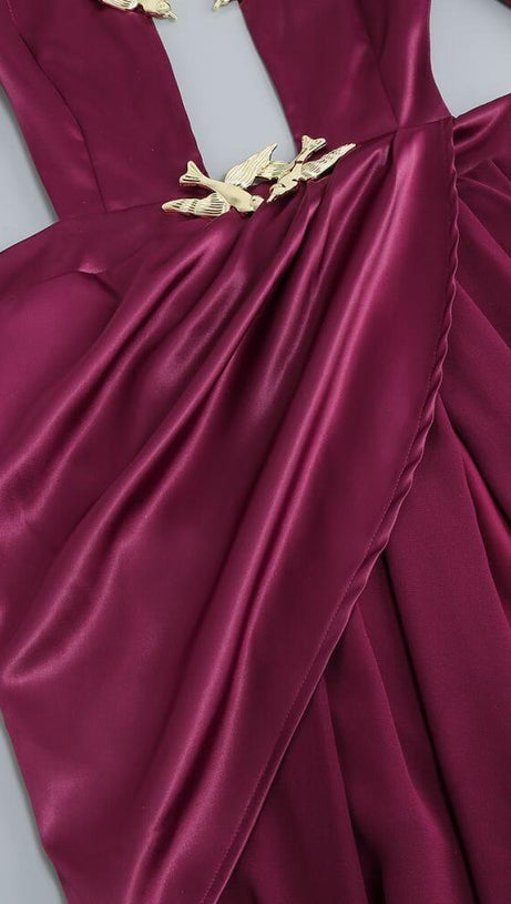 SATIN HOLLOW OUT LONG SLEEVE MAXI DRESS IN RED