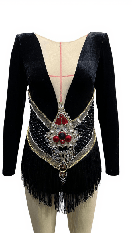 DECKER RHINESTONE FRINGE VELVET BODYSUIT