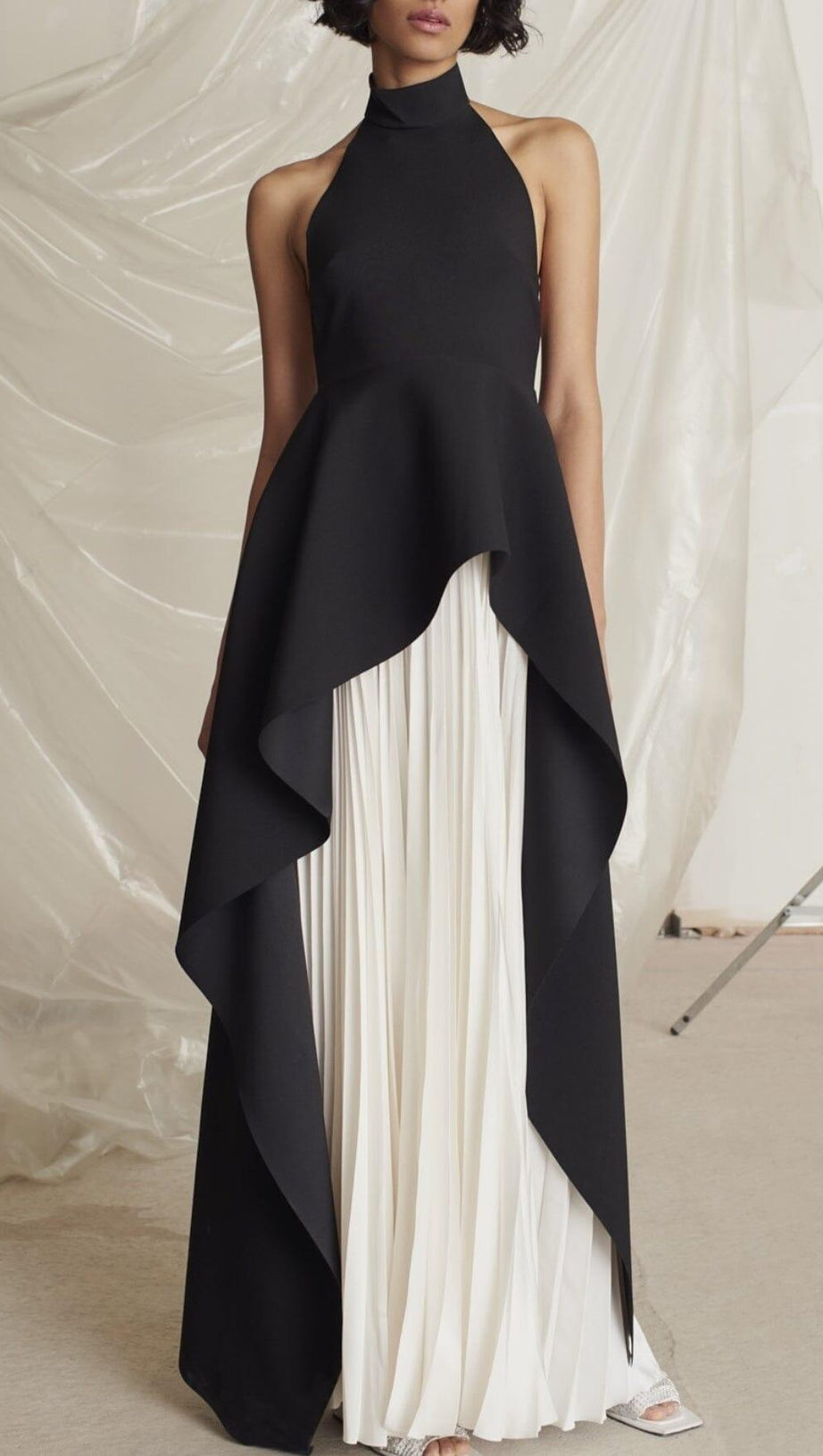 BANDAGE HALTER IRREGULAR MAXI DRESS IN BLACK AND WHITE