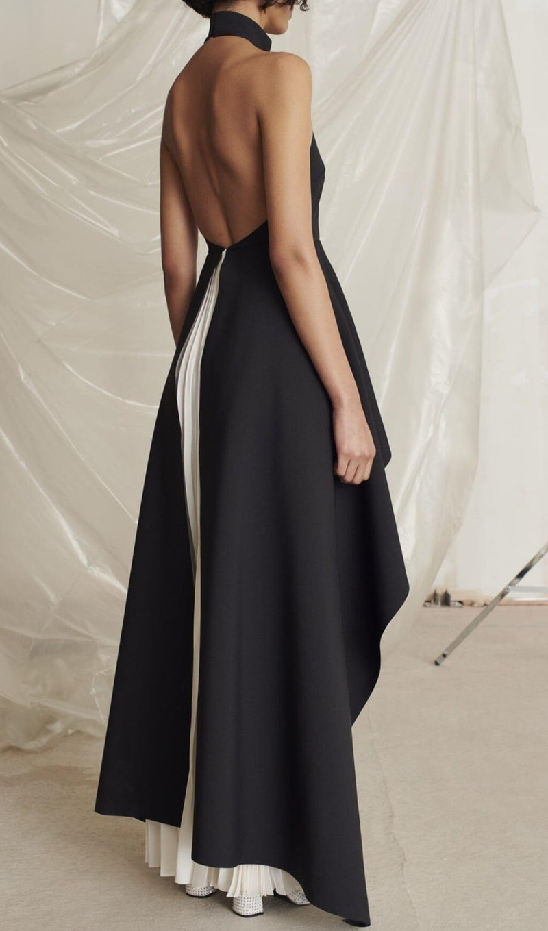 BANDAGE HALTER IRREGULAR MAXI DRESS IN BLACK AND WHITE