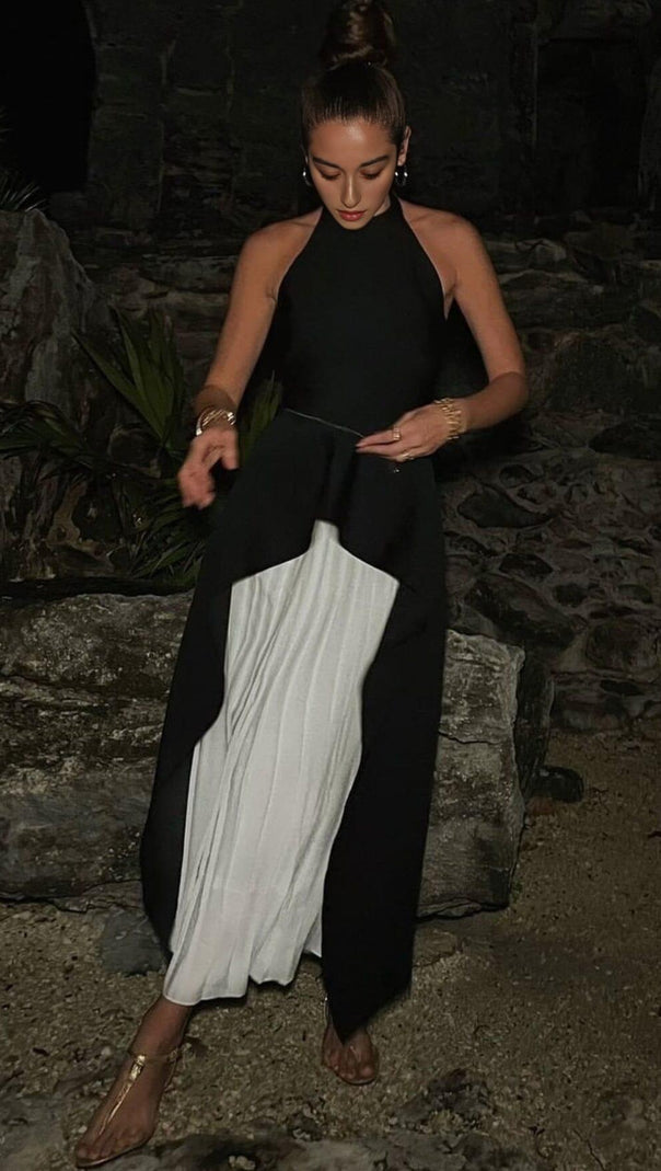 AIIZIE BANDAGE HALTER IRREGULAR MAXI DRESS IN BLACK AND WHITE - product image