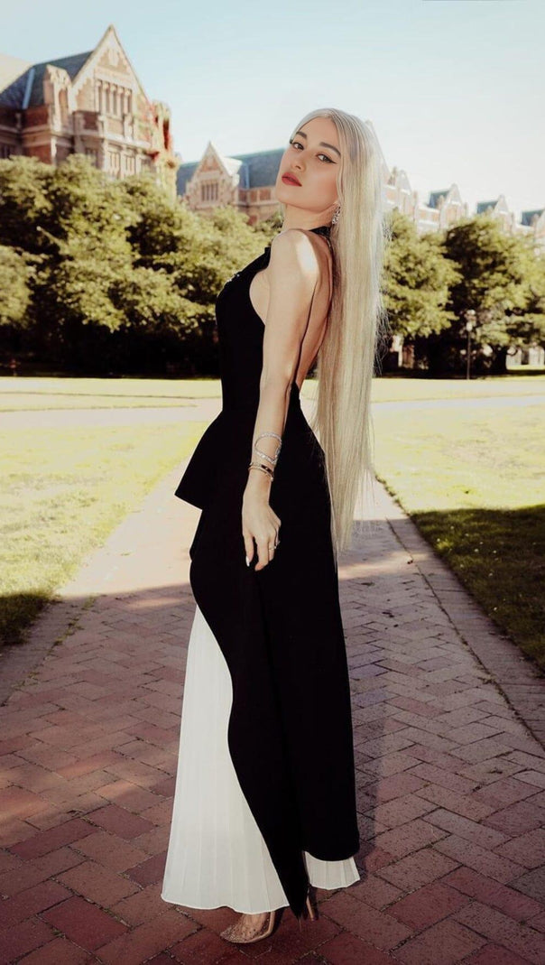 AIIZIE BANDAGE HALTER IRREGULAR MAXI DRESS IN BLACK AND WHITE - product image