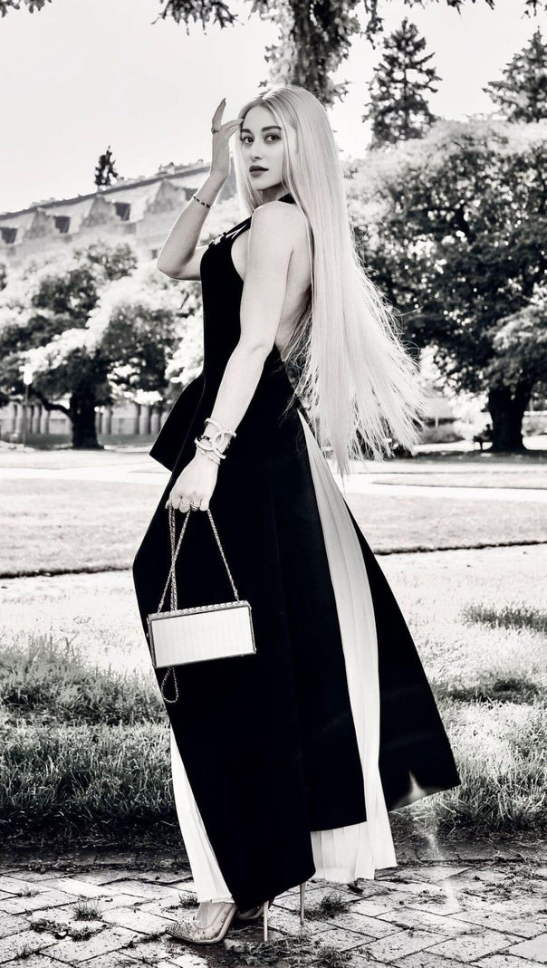 AIIZIE BANDAGE HALTER IRREGULAR MAXI DRESS IN BLACK AND WHITE - product image