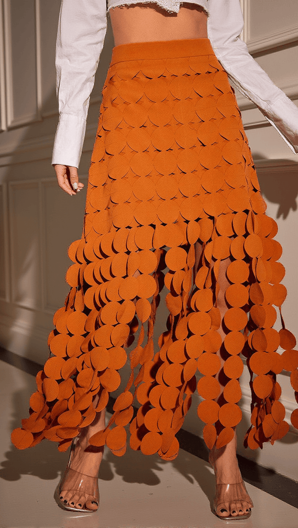 AIIZIE NYX CIRCLE CUTOUT FRINGE SKIRT IN ORANGE - product image