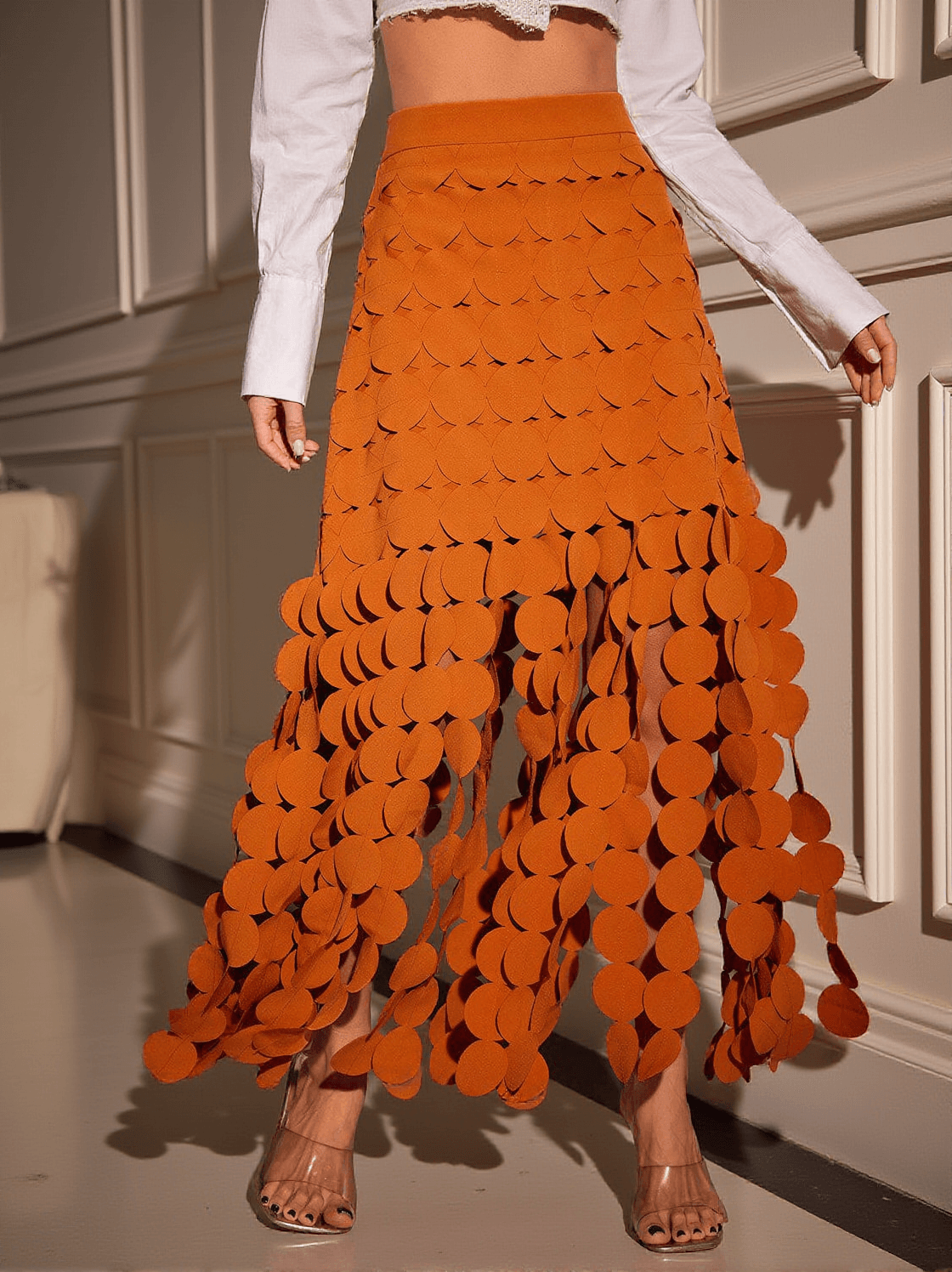NYX CIRCLE CUTOUT FRINGE SKIRT IN ORANGE