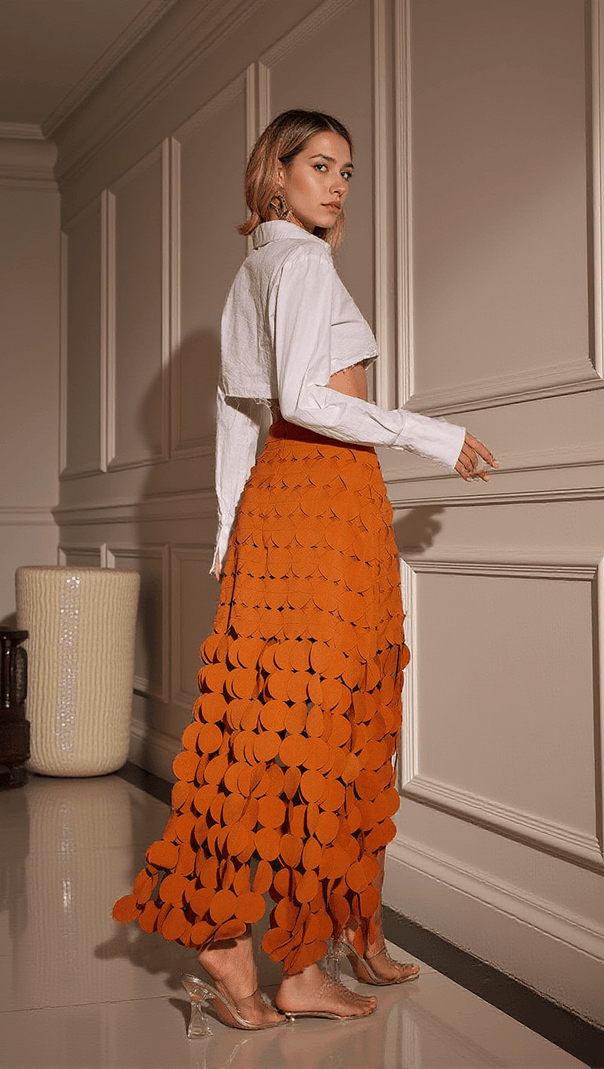 AIIZIE NYX CIRCLE CUTOUT FRINGE SKIRT IN ORANGE - product image