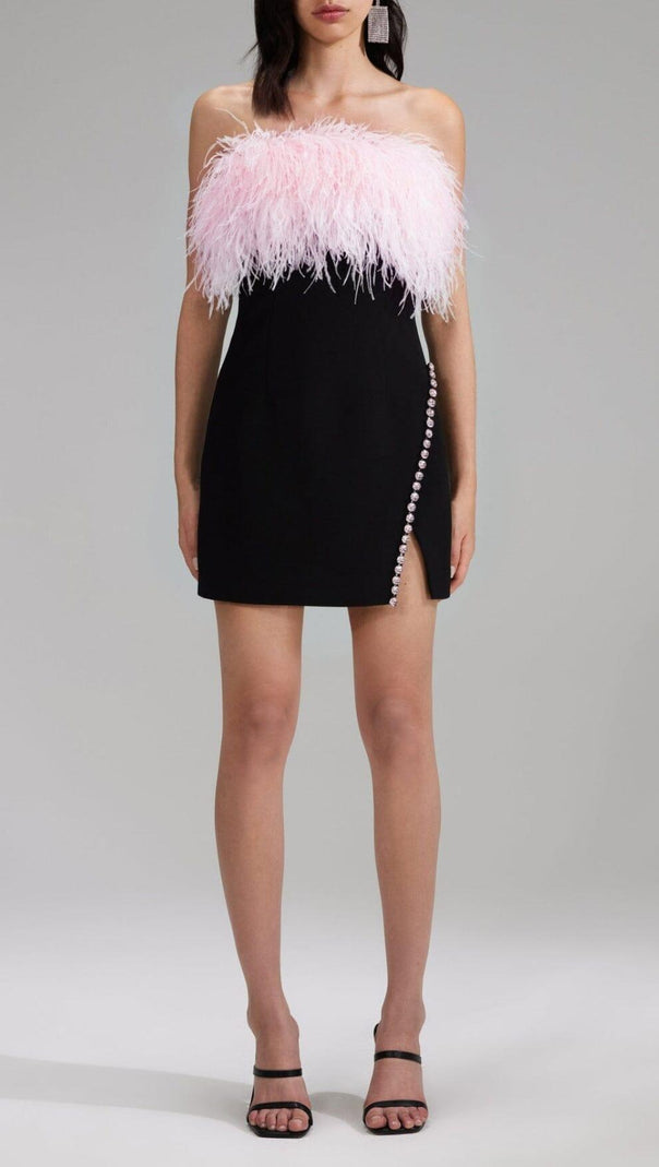 AIIZIE BANDAGE FEATHER CRYSTAL MINI DRESS IN BLACK - product image