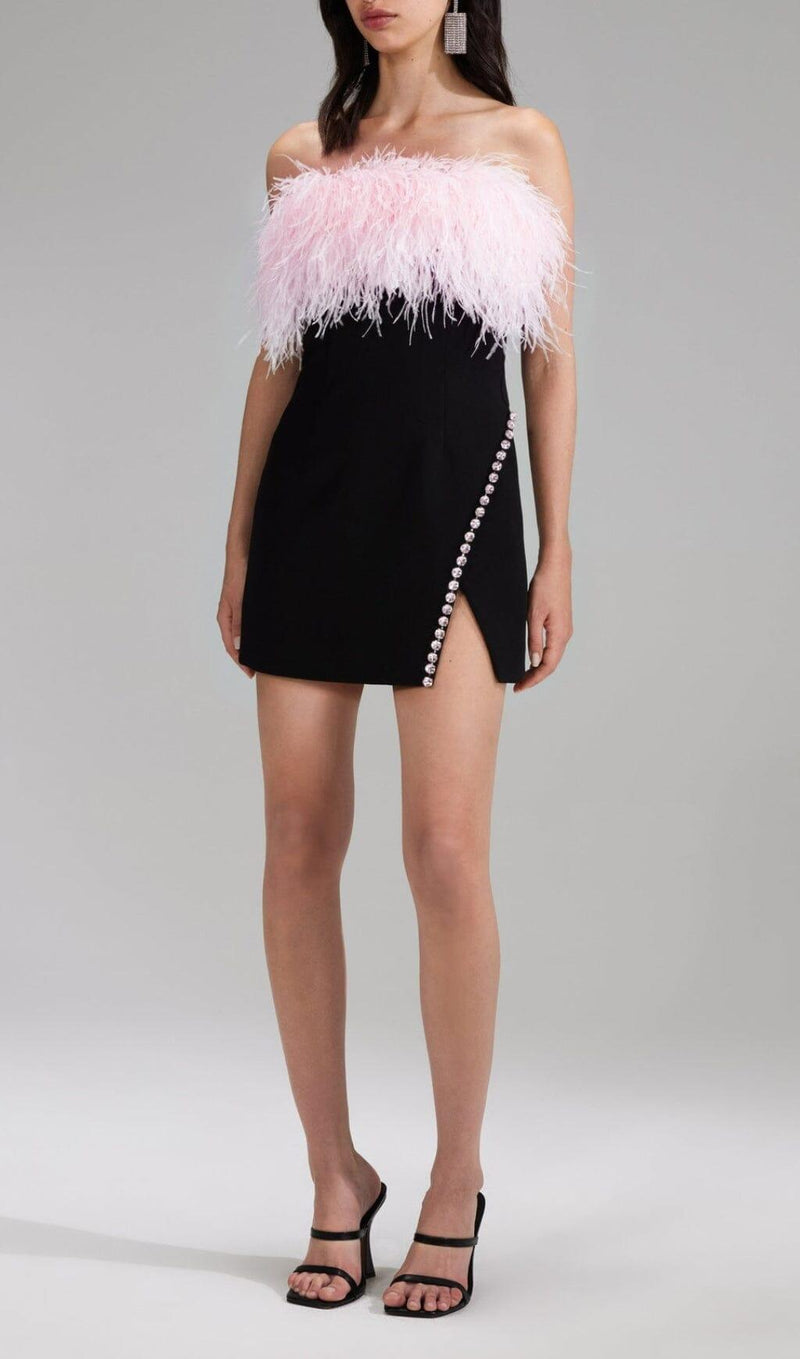 BANDAGE FEATHER CRYSTAL MINI DRESS IN BLACK