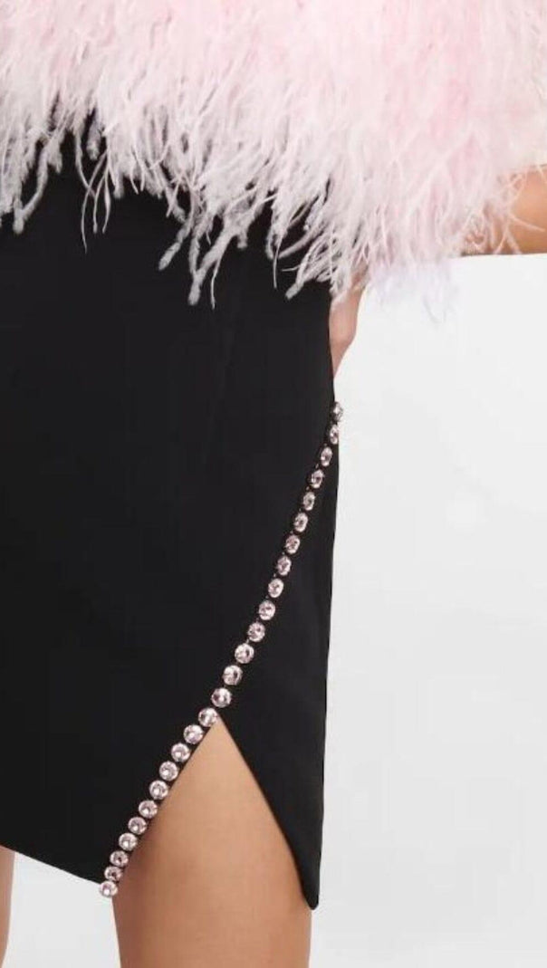 AIIZIE BANDAGE FEATHER CRYSTAL MINI DRESS IN BLACK - product image
