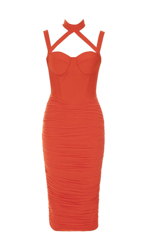 MESH RUCHED MIDI DRESS IN ORANGE