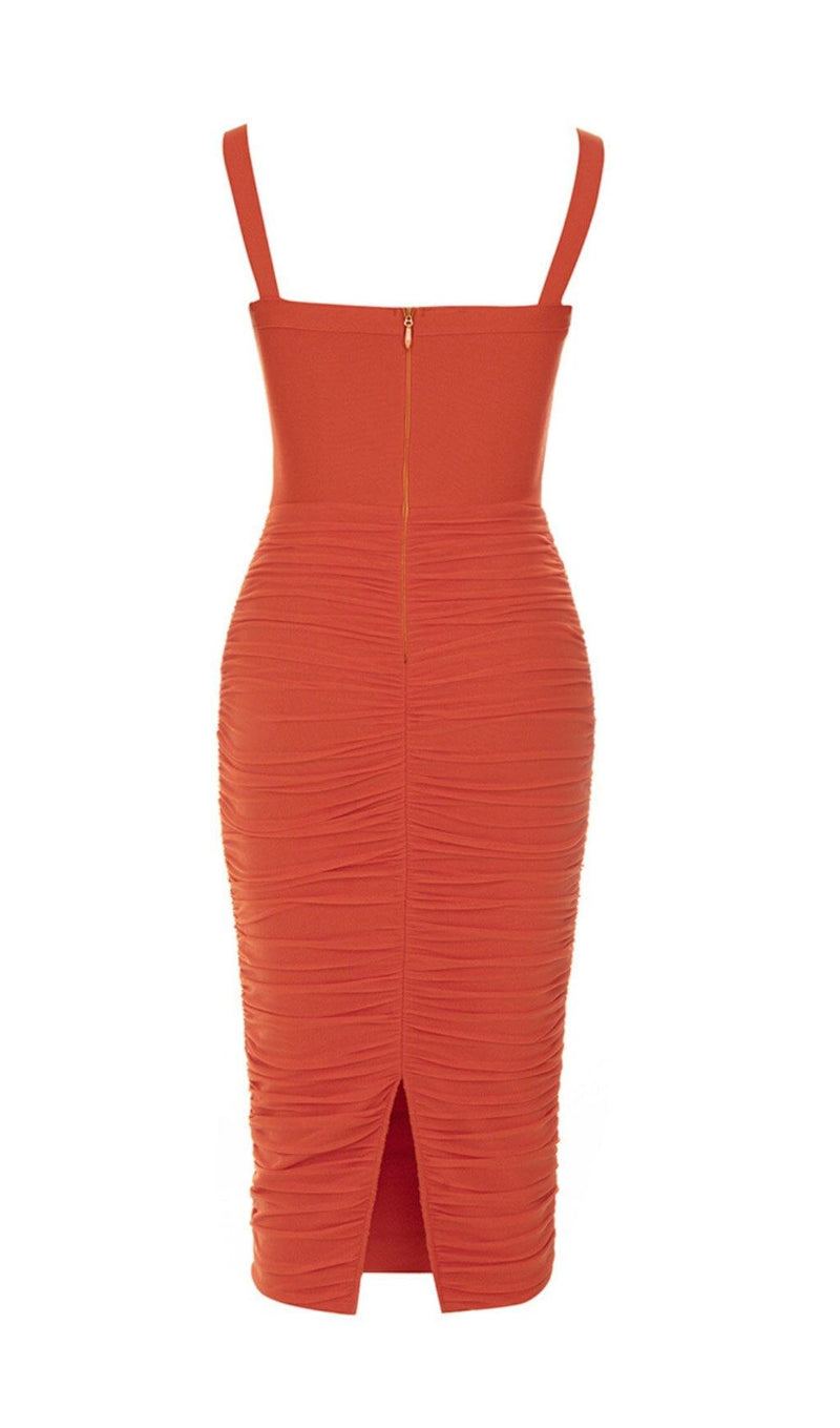 MESH RUCHED MIDI DRESS IN ORANGE