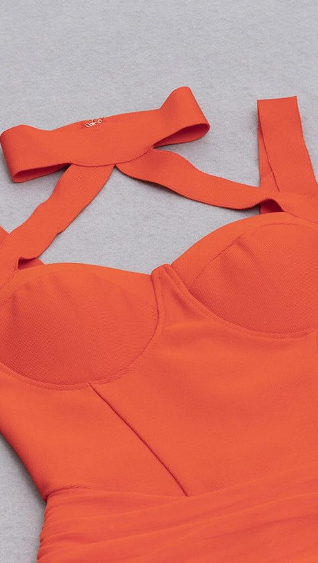 MESH RUCHED MIDI DRESS IN ORANGE