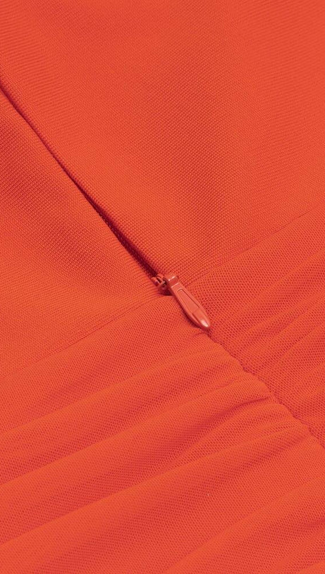 MESH RUCHED MIDI DRESS IN ORANGE