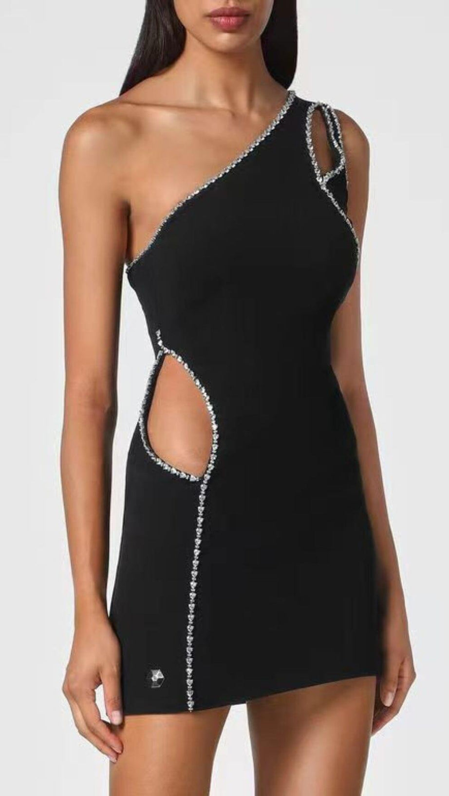 ONE SHOULDER DIAMOND MINI DRESS IN BLACK