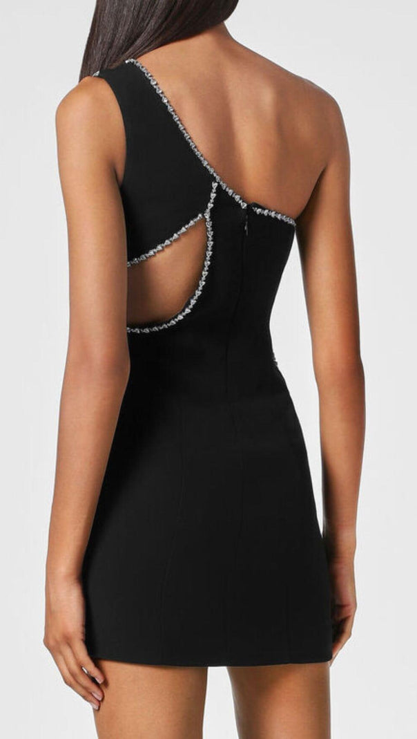 AIIZIE ONE SHOULDER DIAMOND MINI DRESS IN BLACK - product image