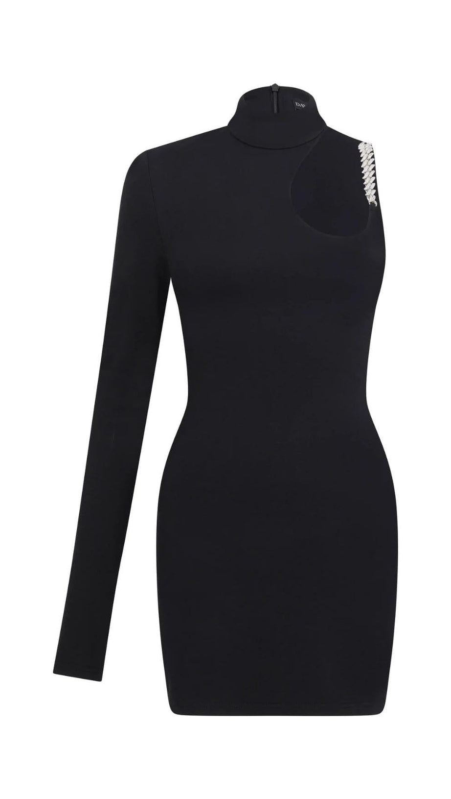 ONE SHOULDER CRYSTAL CHAIN MINI DRESSES IN BLACK