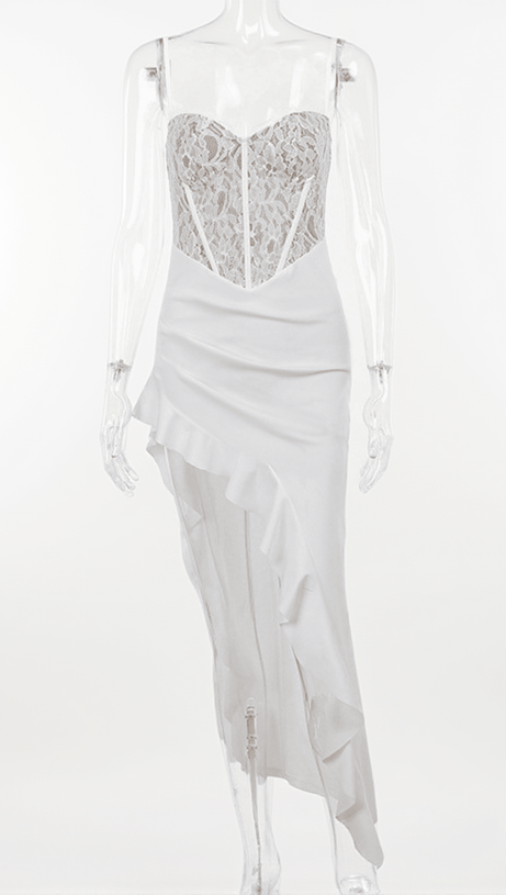 ABITO MIDI CON VOLANT ASIMMETRICO IN PIZZO AIZEN