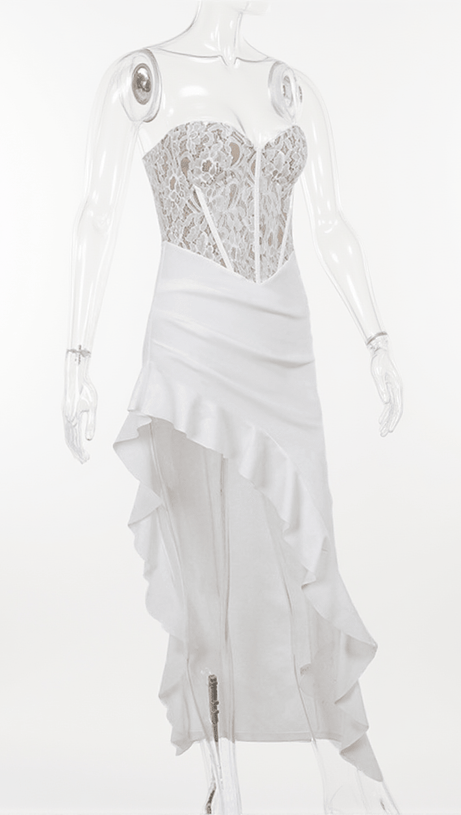 ABITO MIDI CON VOLANT ASIMMETRICO IN PIZZO AIZEN