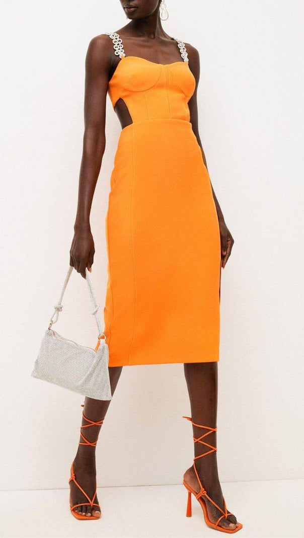 AIIZIE BANDAGE CUTOUT MIDI DRESS IN ORANGE - product image